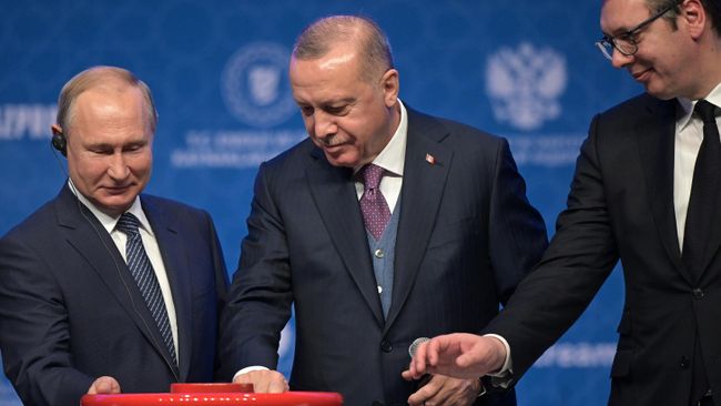Президент России Владимир Путин, президент Турции Реджеп Тайип Эрдоган и президент Сербии Александр Вучич на церемонии официального открытия газопровода Турецкий поток в Стамбуле