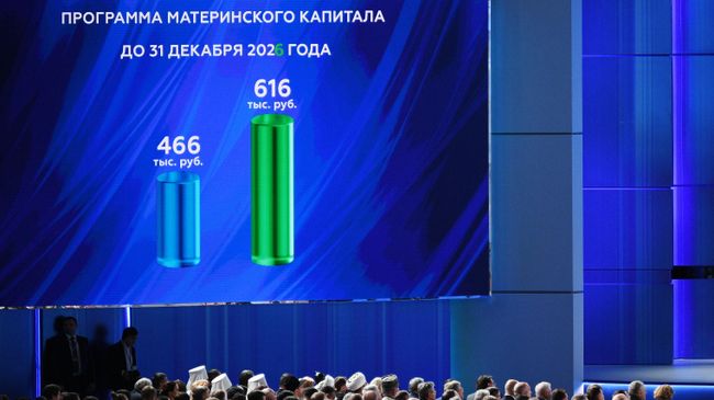 Демонстрация инфографики по программе материнского капитала во время выступления президента РФ Владимира Путина с ежегодным посланием Федеральному Собранию Демонстрация инфографики по программе материнского капитала во время выступления президента РФ Владимира Путина с ежегодным посланием Федеральному Собранию