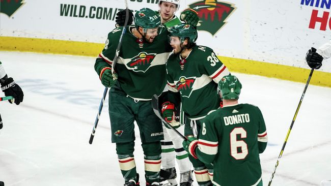 Jan 18, 2020; Saint Paul, Minnesota, USA; Minnesota Wild forward Ryan Hartman (38) celebrates his goal with forward Jordan Greenway (18) during the third period against the Dallas Stars at Xcel Energy Center. Mandatory Credit: Brace Hemmelgarn-USA TODAY Sports Jan 18, 2020; Saint Paul, Minnesota, USA; Minnesota Wild forward Ryan Hartman (38) celebrates his goal with forward Jordan Greenway (18) during the third period against the Dallas Stars at Xcel Energy Center. Mandatory Credit: Brace Hemmelgarn-USA TODAY Sports