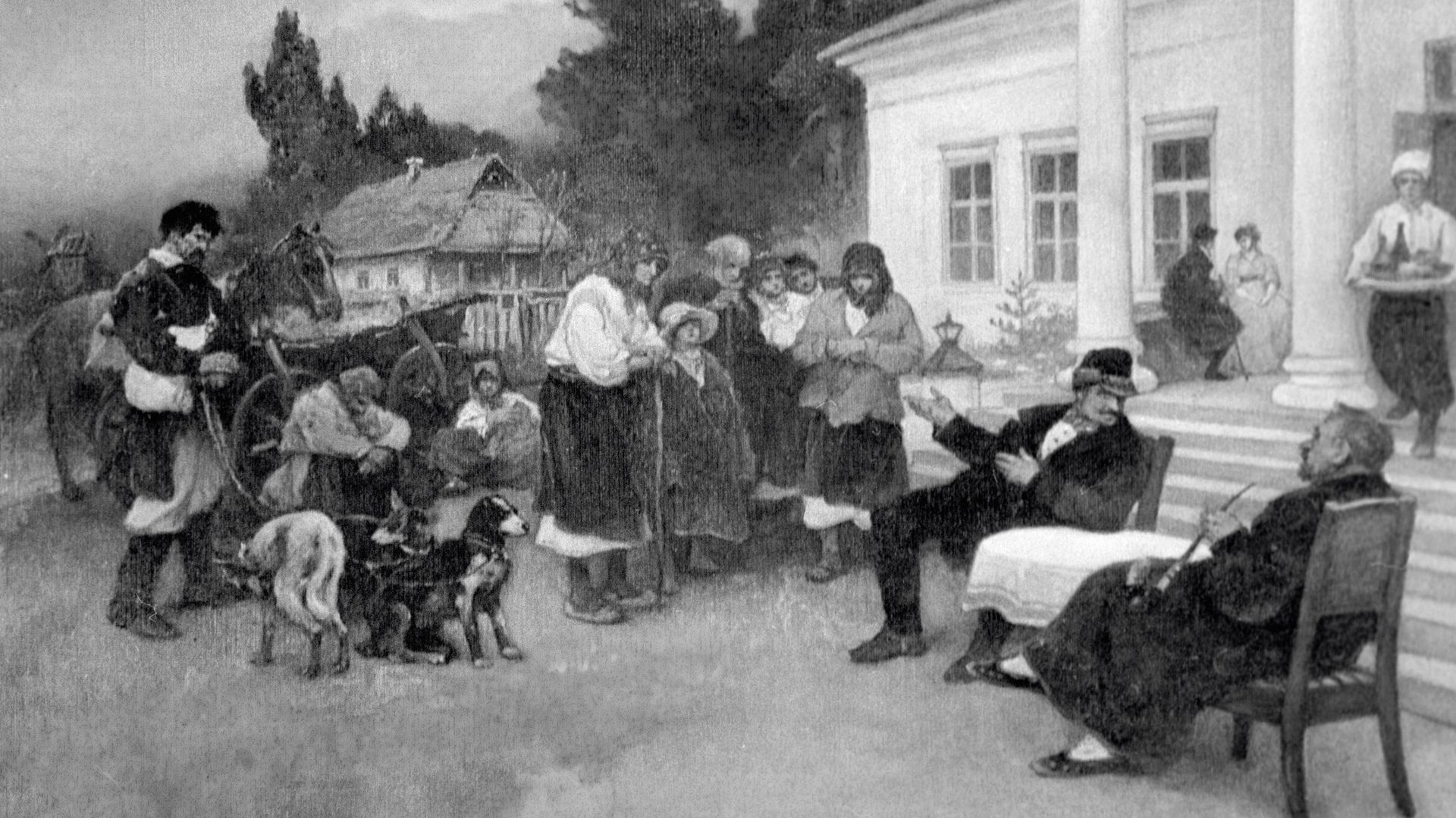 Крепостных крестьян меняют на собак. Картина И.С. Ижакевича (1864 - 1962 гг.) Крепостных крестьян меняют на собак. Картина И.С. Ижакевича (1864 - 1962 гг.) - РИА Новости, 1920, 17.03.2021