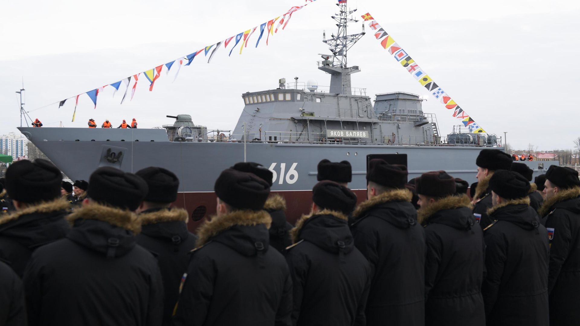 Церемония спуска на воду новейшего корабля противоминной обороны нового поколения проекта 12700 Яков Баляев Церемония спуска на воду новейшего корабля противоминной обороны нового поколения проекта 12700 Яков Баляев - РИА Новости, 1920, 26.12.2020