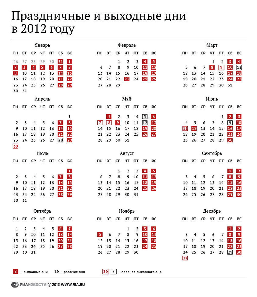 Праздничные и выходные дни в 2012 году Праздничные и выходные дни в 2012 году