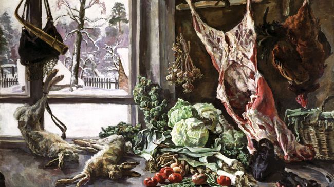 Натюрморт П.П. Кончаловского Мясо, дичь и брюссельская капуста на фоне окна