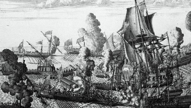 Репродукция гравюры А. Зубова 1715 года Морское сражение около Гангута, 25 июля 1714 года. Московский Исторический музей.