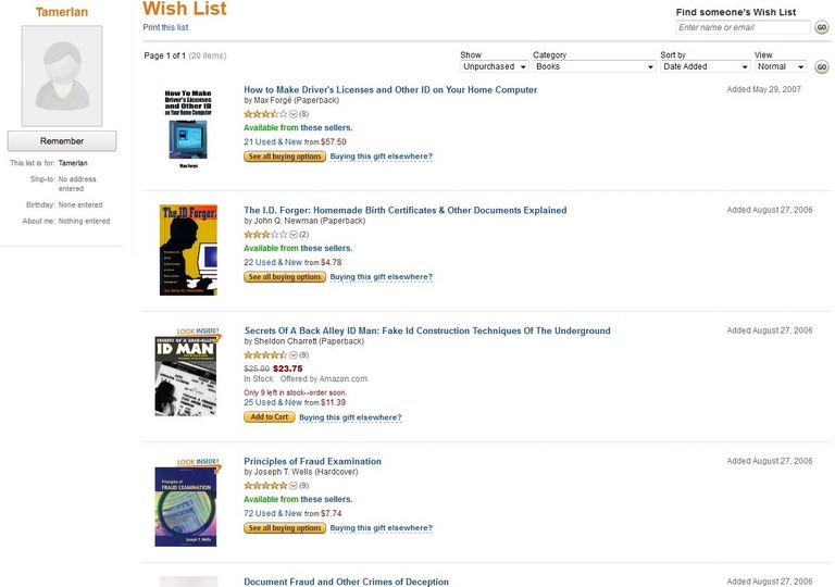 Лист желаний Тамерлана Царнаева на Amazon.com Лист желаний Тамерлана Царнаева на Amazon.com