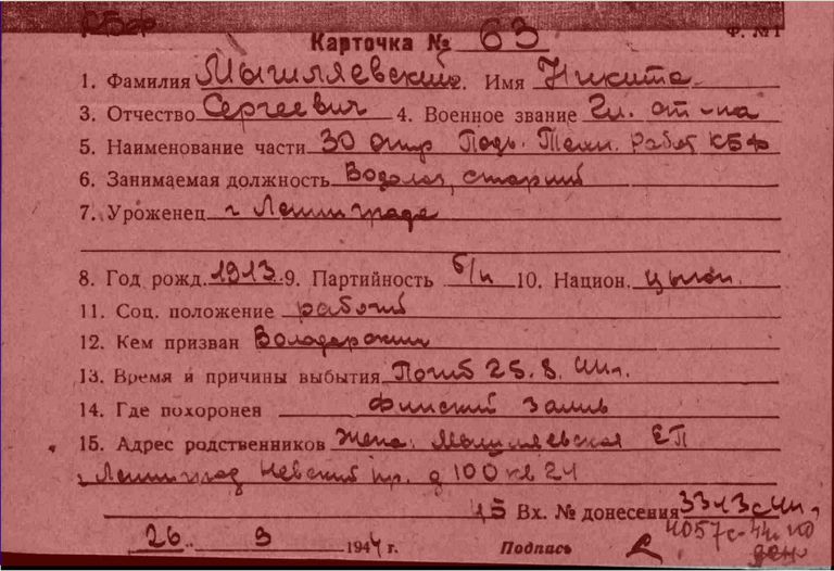Карточка из личного дела водолаза Никиты Мышляевского Карточка из личного дела водолаза Никиты Мышляевского
