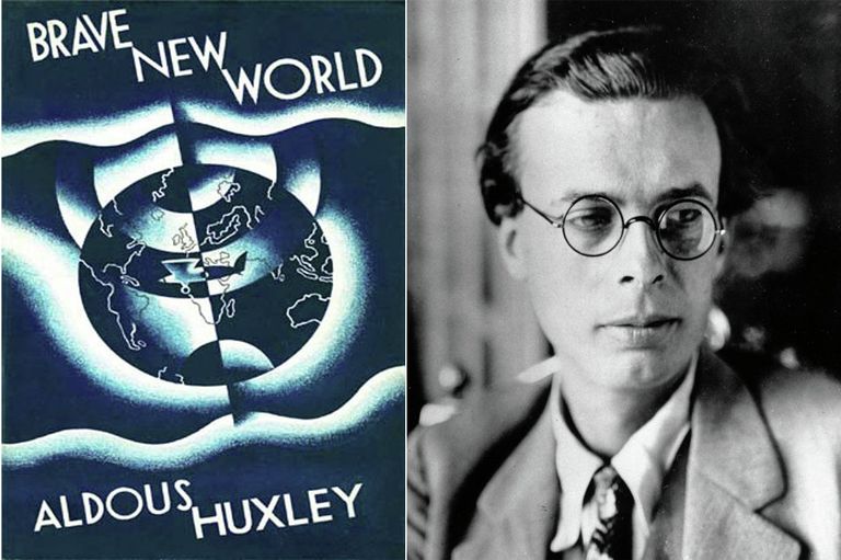 Обложка книги О дивный, новый мир 1932 года издания и автор романа, Олдос Хаксли Обложка книги О дивный, новый мир 1932 года издания и автор романа, Олдос Хаксли
