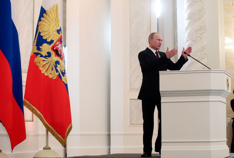 Президент России Владимир Путин во время оглашения ежегодного послания президента Российской Федерации Федеральному Собранию в Георгиевском зале Кремля.