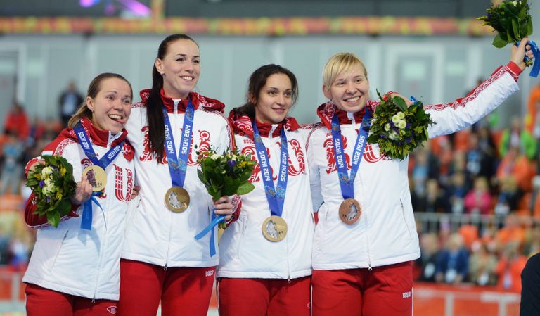 Спортсменки сборной России Ольга Граф, Екатерина Лобышева, Юлия Скокова и Екатерина Шихова Спортсменки сборной России Ольга Граф, Екатерина Лобышева, Юлия Скокова и Екатерина Шихова
