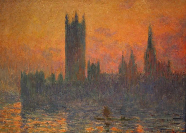 Картина Клода Моне «Здание парламента в Лондоне на закате», 1903 года. Написана в номере отеля «Савой» Картина Клода Моне «Здание парламента в Лондоне на закате», 1903 года. Написана в номере отеля «Савой»
