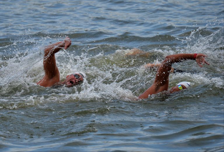 Спортсмены на дистанции 10 км на открытой воде в финальных соревнованиях по плаванию Спортсмены на дистанции 10 км на открытой воде в финальных соревнованиях по плаванию
